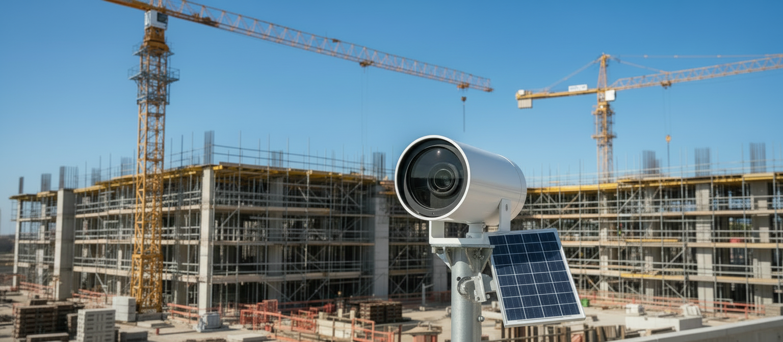 Boîtier timelapse autonome IOA avec panneau solaire sur chantier de construction